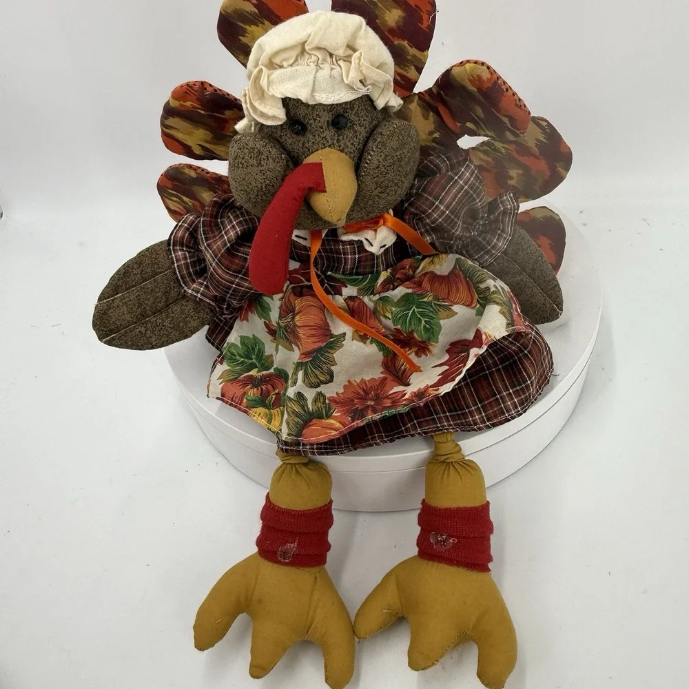 Vintage Fabric Thanksgiving Turkey Shelf Sitter Pilgrim Folk Art Fall Decor